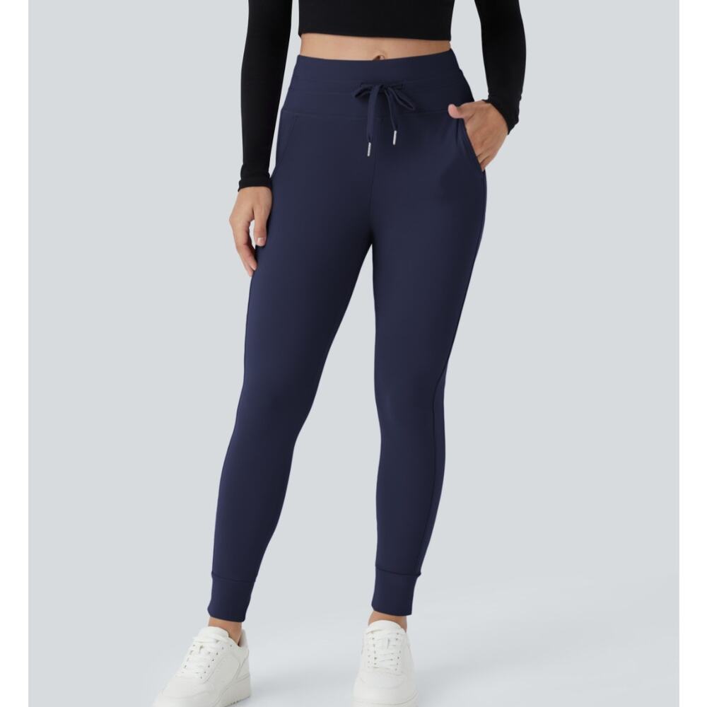 Sz Lg HALARA Navy SoftlyZero™ Plush Hi-Waist Drawstring Zipper Pocket Joggers